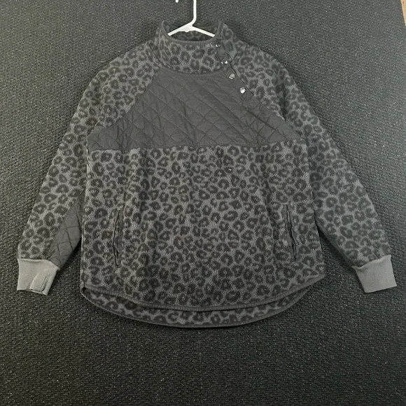 Abercrombie & Fitch Womens XL Gray Leopard Fleece Snap Neck Pullover M78 - Picture 1 of 6